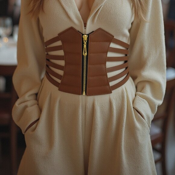 Cute Women Wide Corset Belt Waist Hip Brown Elastic Faux Leather Adjustable M L - Picture 9 of 17